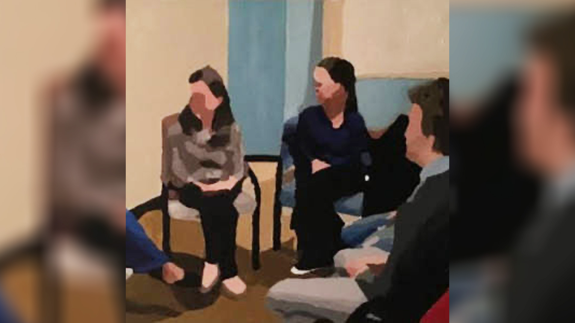 Painting of people sitting in a group setting.